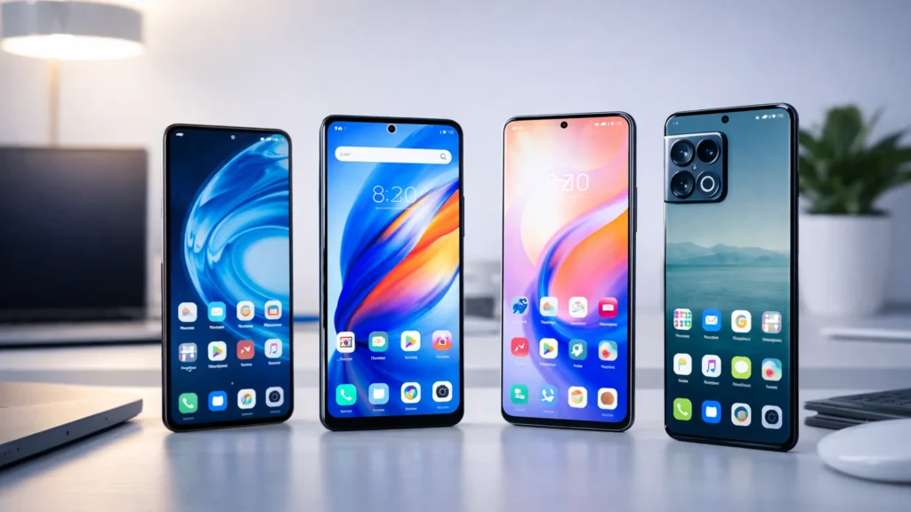 टेबल पर रखे कई आधुनिक स्मार्टफोन।