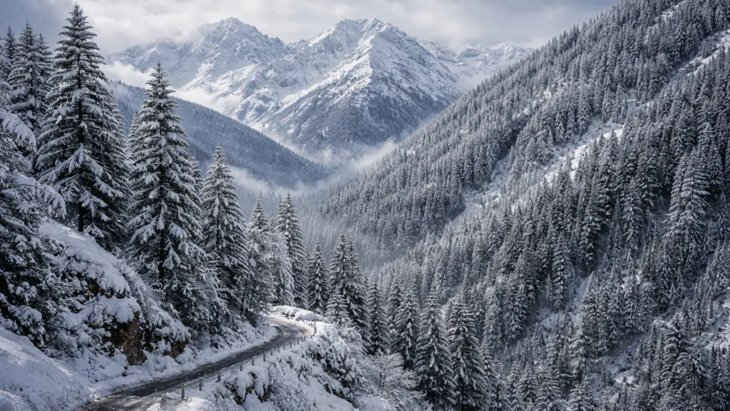 शिमला जिले के नारकंडा क्षेत्र में बर्फ से ढकी पहाड़ियां और देवदार के पेड़।