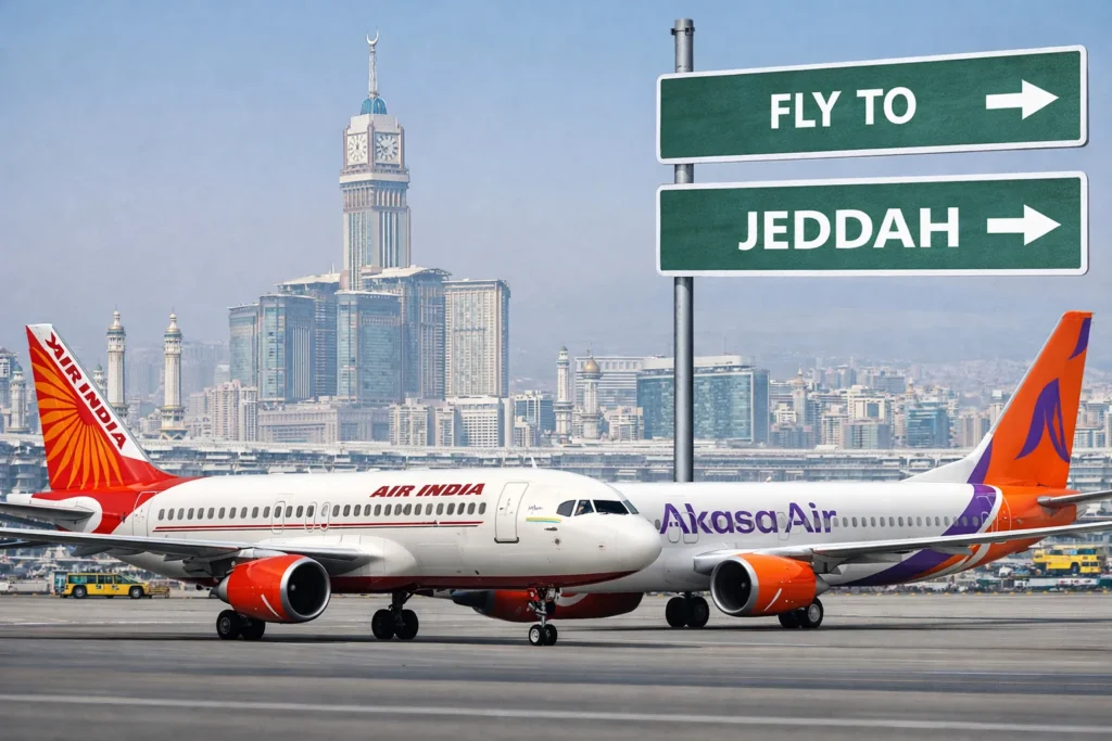 एयर इंडिया और अकासा एयर के विमान जेद्दा के लिए अंतरराष्ट्रीय उड़ान संचालन का प्रतीकात्मक दृश्य
