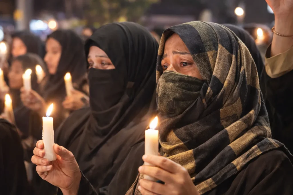 दिल्ली में आयोजित शोक सभा के दौरान काली अबाया पहने महिलाएं हाथों में मोमबत्तियां लिए श्रद्धांजलि देती हुई