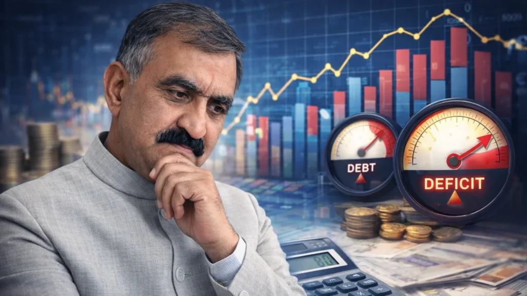 हिमाचल बजट 2026 विश्लेषण: कर्ज, घाटा और वित्तीय दबाव की असली तस्वीर मुख्यमंत्री सुखविंदर सिंह सुक्खू के साथ वित्तीय ग्राफ और आंकड़े, जो हिमाचल बजट 2026 में बढ़ते कर्ज और घाटे को दर्शाते हैं