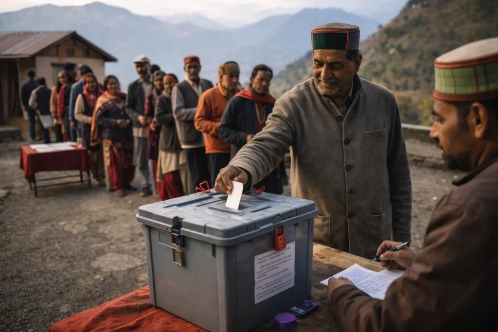 हिमाचल प्रदेश के पंचायत चुनाव के दौरान मतदान केंद्र पर वोट डालते और कतार में खड़े ग्रामीण मतदाता