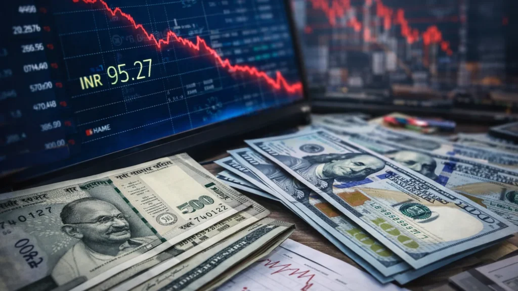 भारतीय रुपये और अमेरिकी डॉलर के नोट, गिरते फॉरेक्स चार्ट के साथ रिकॉर्ड निचले स्तर का संकेत