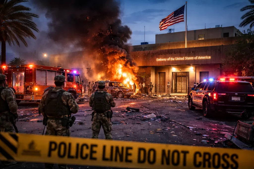 रियाद हमले के बाद ट्रंप ने जमीनी सैन्य तैनाती पर बदला रुख रियाद में अमेरिकी दूतावास परिसर के बाहर सुरक्षा बल और आपातकालीन वाहन तैनात।